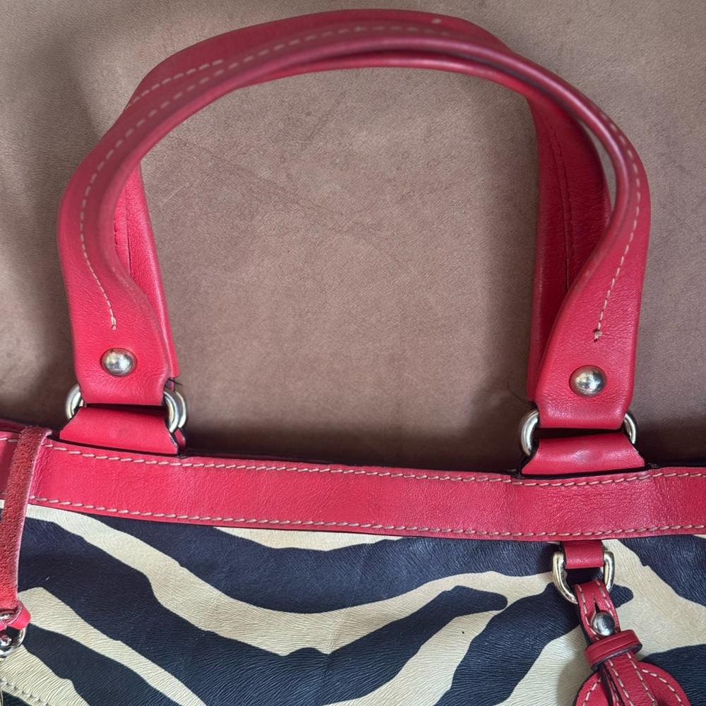 Dooney & Bourke Black and Cream Zebra Print Shoulder Bag with Red Trim - Picture 4 of 11